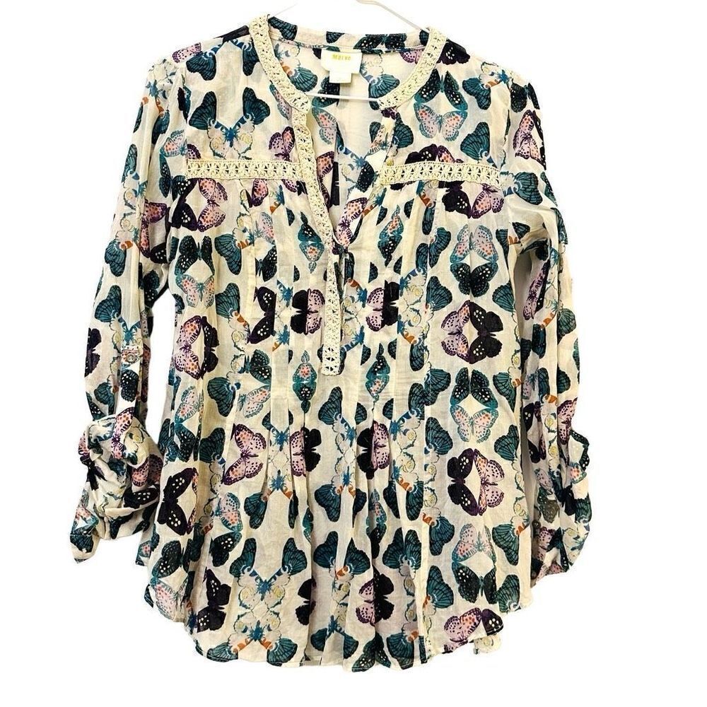 Anthropologie Maeve Butterfly Print Roll Up Sleeve Cotton Blouse Multicolor Sz 4